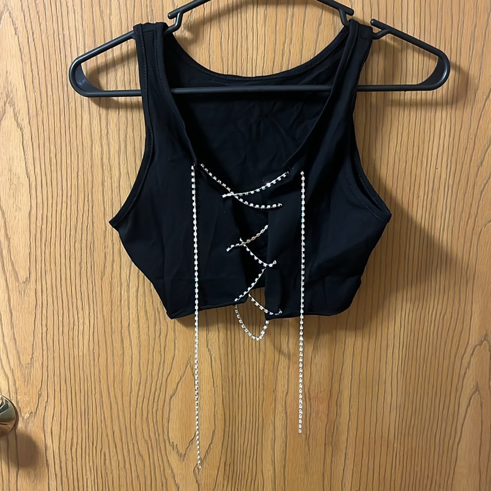 Sexy Crystals On Silver Chain Looped Thru Crop Tank Top Camisole Style Sparkled
